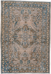 3' x 5' one-of-a-kind handmade antique Lilian small size rug. Color palette: ivory, sky blue, camel, taupe, beige