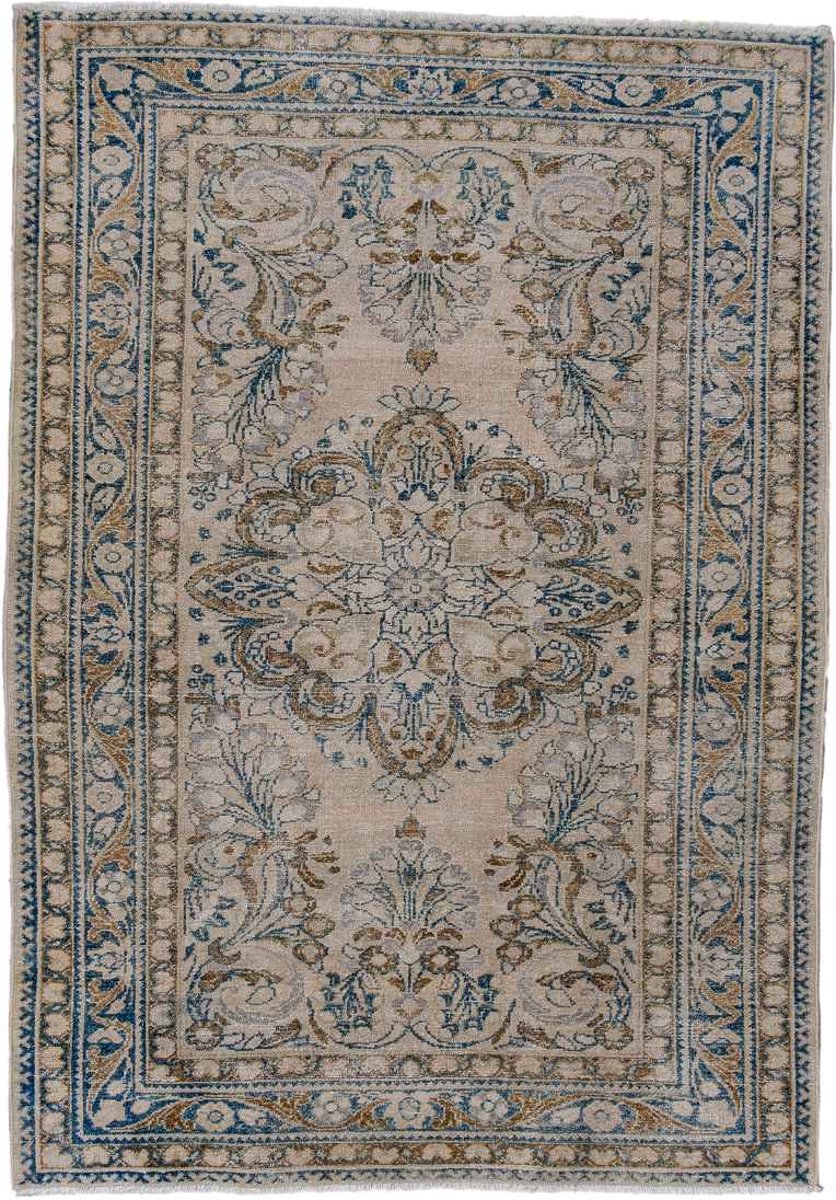 3' x 5' one-of-a-kind handmade antique Lilian small size rug. Color palette: ivory, sky blue, camel, taupe, beige