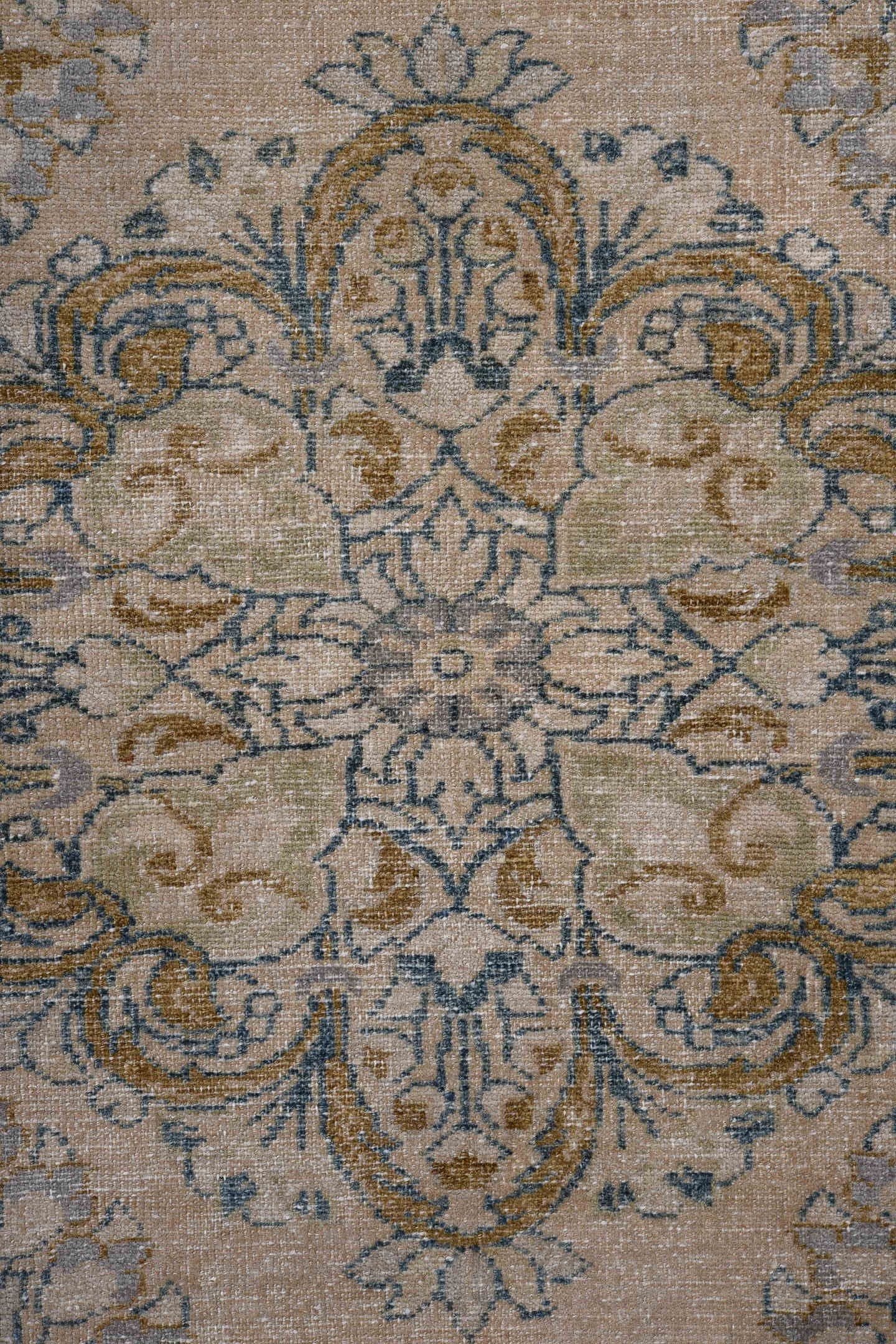 3' x 5' one-of-a-kind handmade antique Lilian small size rug. Color palette: ivory, sky blue, camel, taupe, beige
