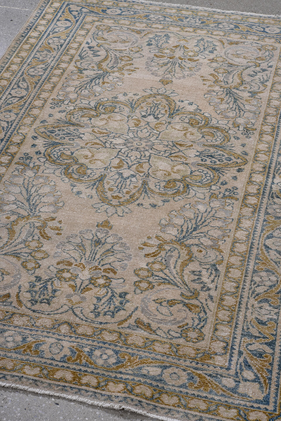 3' x 5' one-of-a-kind handmade antique Lilian small size rug. Color palette: ivory, sky blue, camel, taupe, beige