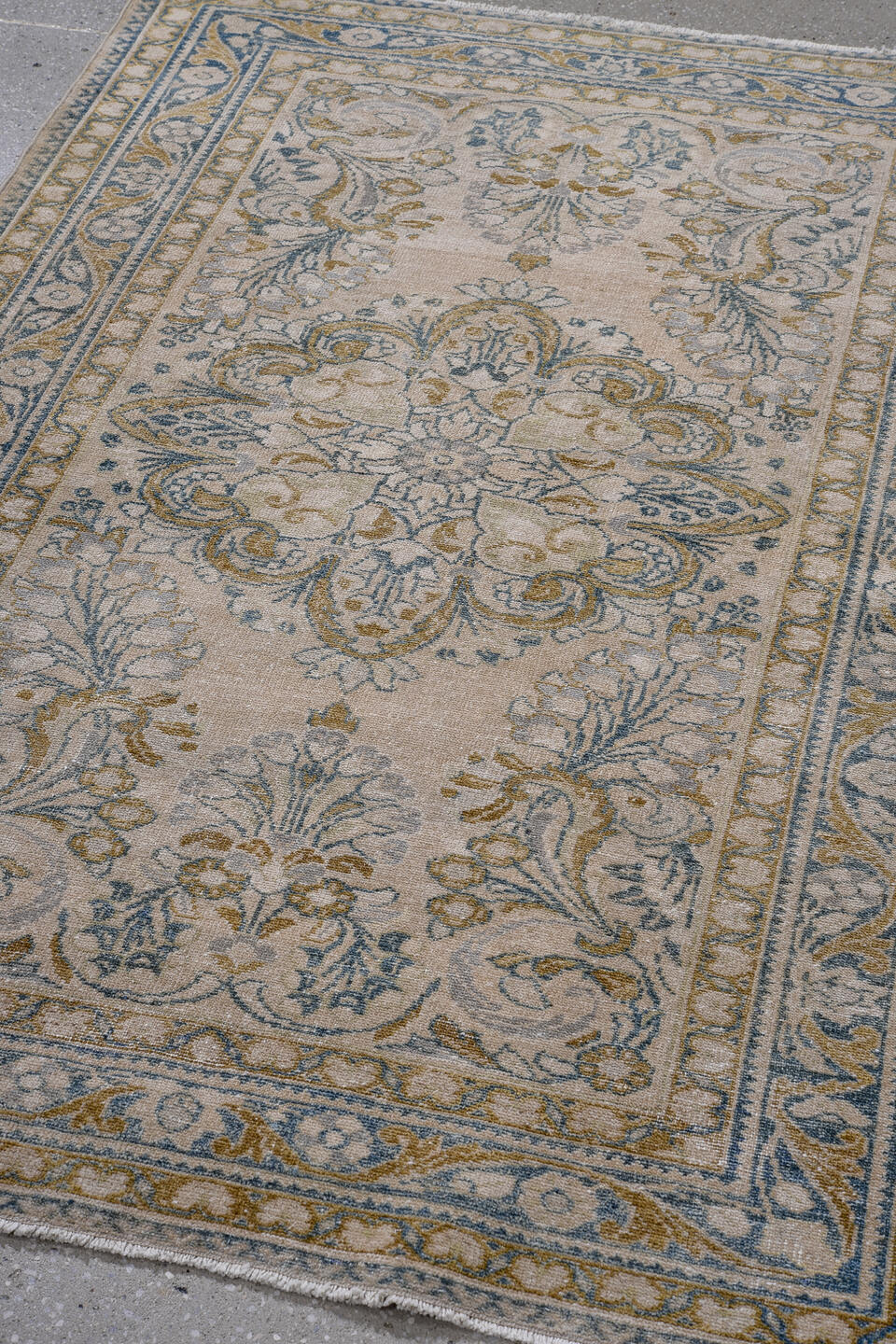 3' x 5' one-of-a-kind handmade antique Lilian small size rug. Color palette: ivory, sky blue, camel, taupe, beige