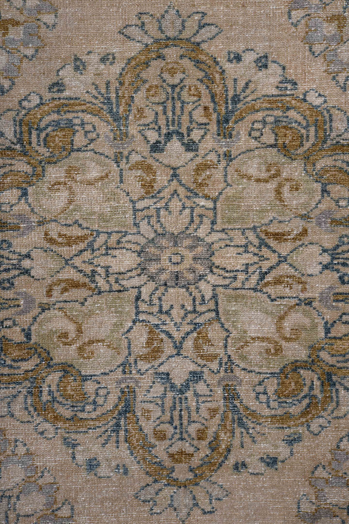 3' x 5' one-of-a-kind handmade antique Lilian small size rug. Color palette: ivory, sky blue, camel, taupe, beige