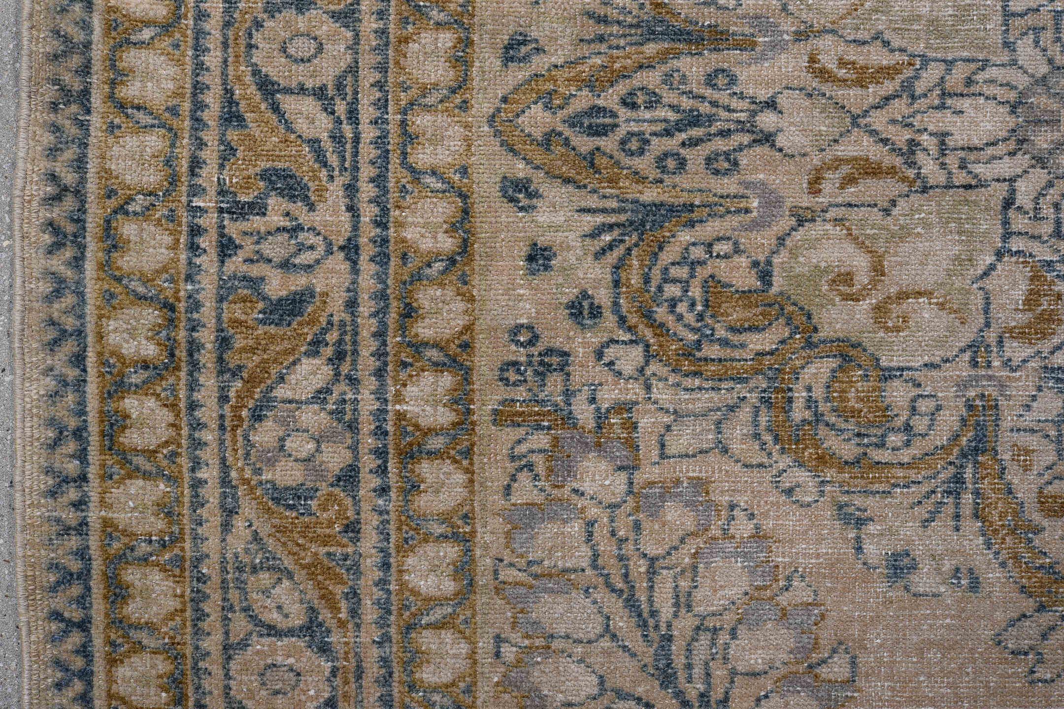 3' x 5' one-of-a-kind handmade antique Lilian small size rug. Color palette: ivory, sky blue, camel, taupe, beige