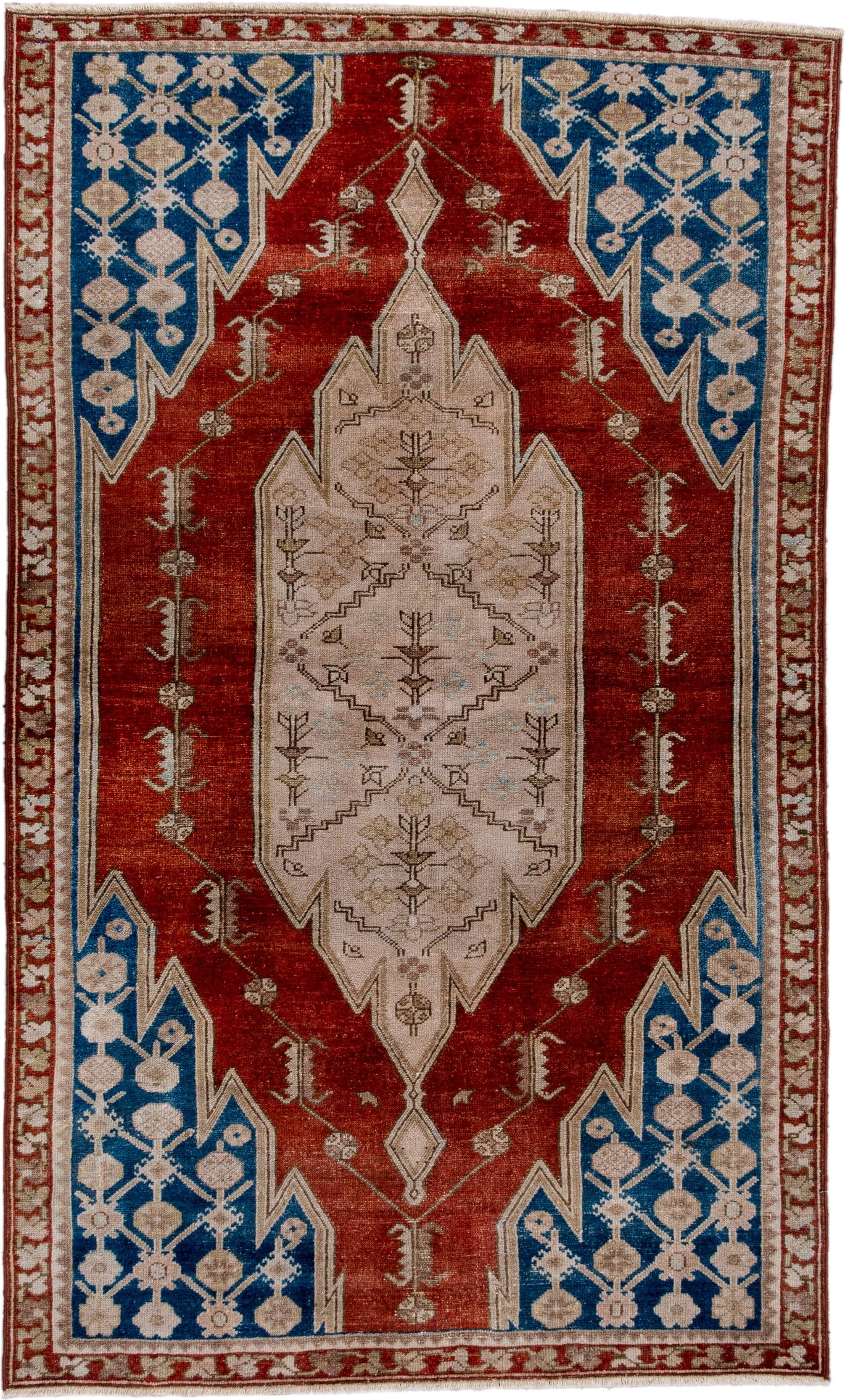 3' x 5' one-of-a-kind handmade antique Malayer small size rug. Color palette: rust, ivory, cobalt, taupe, brown, terracotta