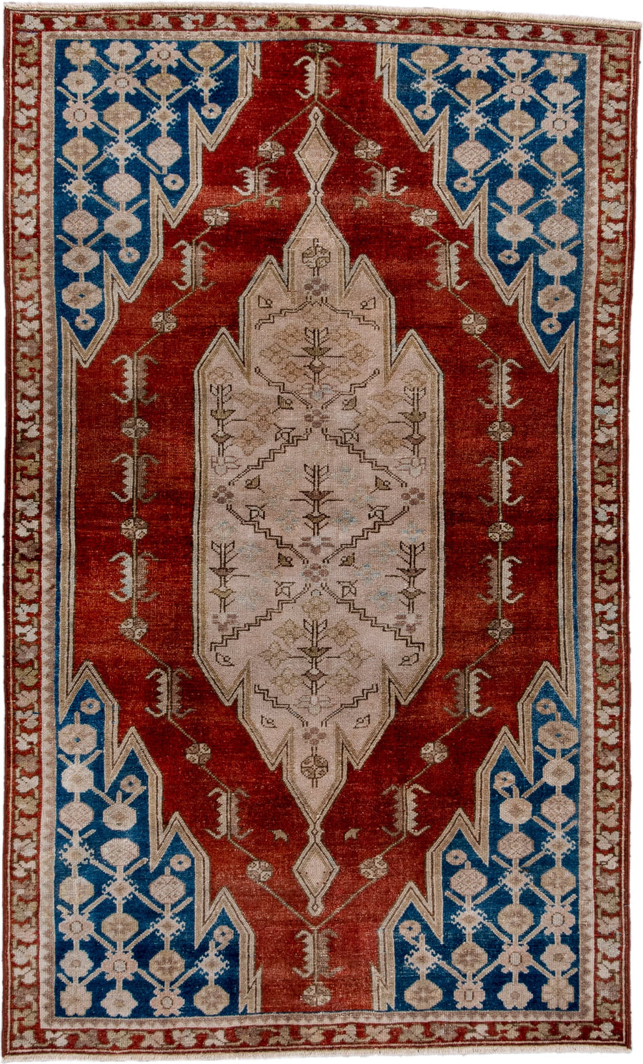 3' x 5' one-of-a-kind handmade antique Malayer small size rug. Color palette: rust, ivory, cobalt, taupe, brown, terracotta
