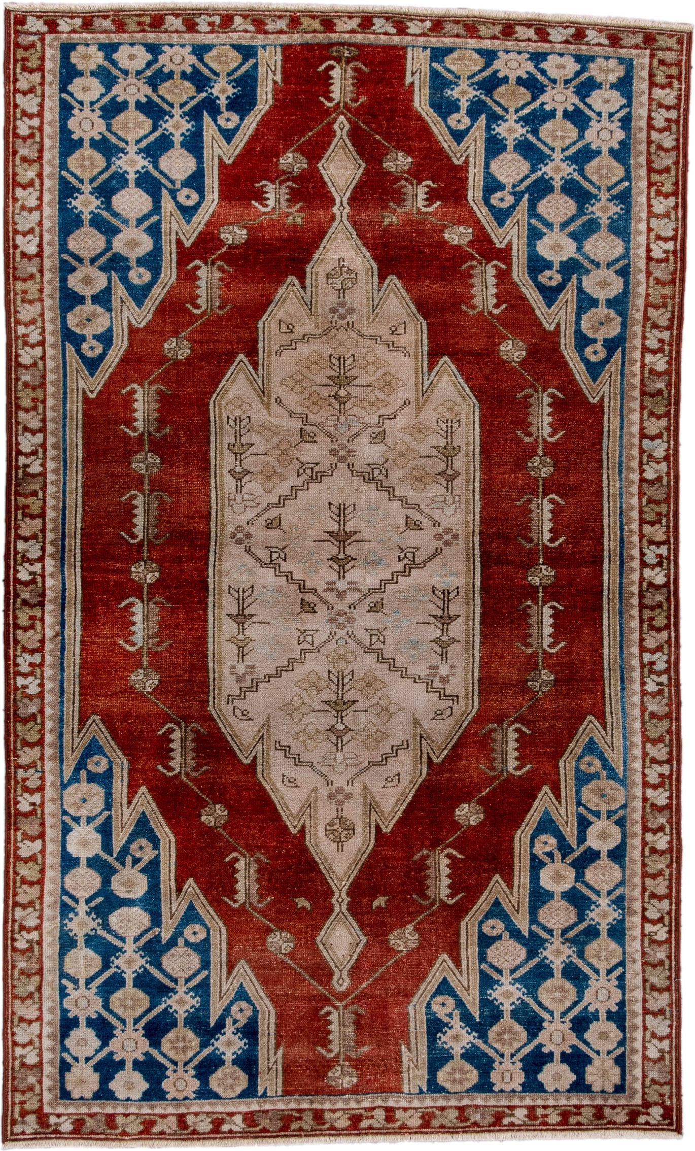 3' x 5' one-of-a-kind handmade antique Malayer small size rug. Color palette: rust, ivory, cobalt, taupe, brown, terracotta