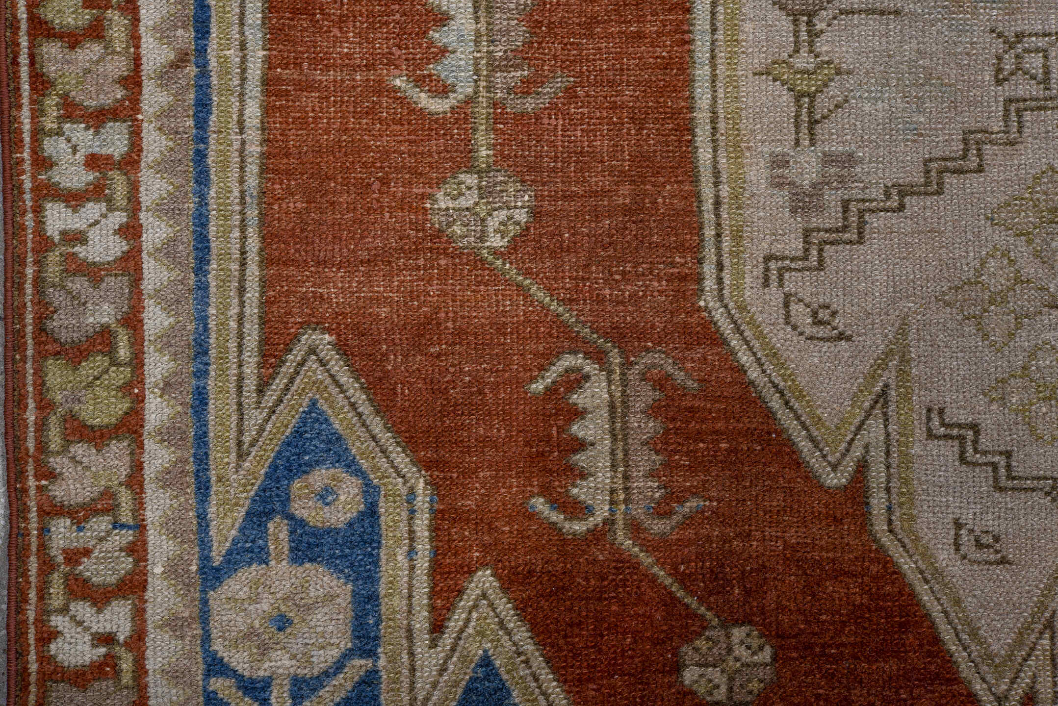 3' x 5' one-of-a-kind handmade antique Malayer small size rug. Color palette: rust, ivory, cobalt, taupe, brown, terracotta
