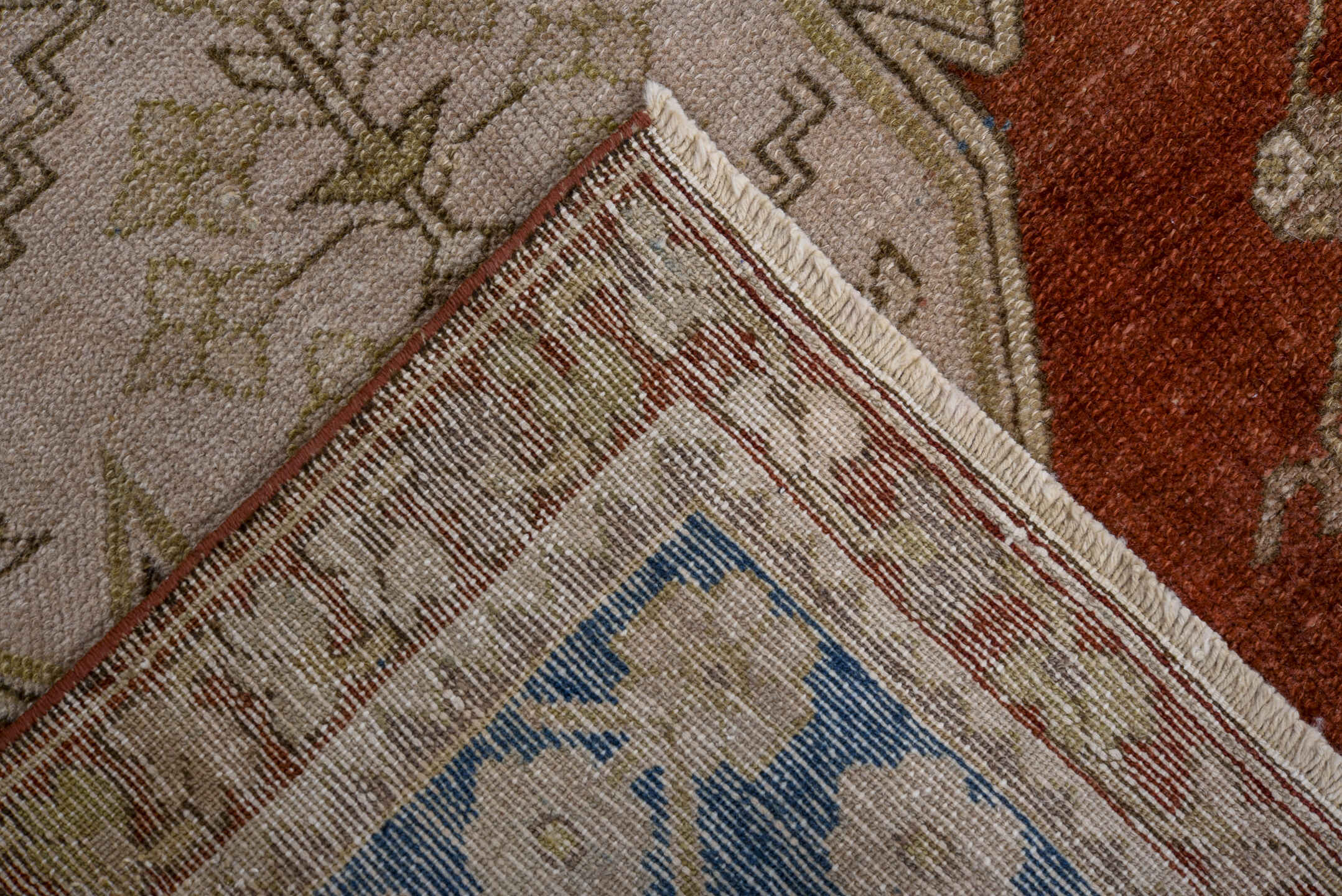 3' x 5' one-of-a-kind handmade antique Malayer small size rug. Color palette: rust, ivory, cobalt, taupe, brown, terracotta