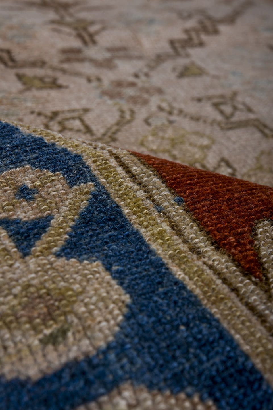 3' x 5' one-of-a-kind handmade antique Malayer small size rug. Color palette: rust, ivory, cobalt, taupe, brown, terracotta