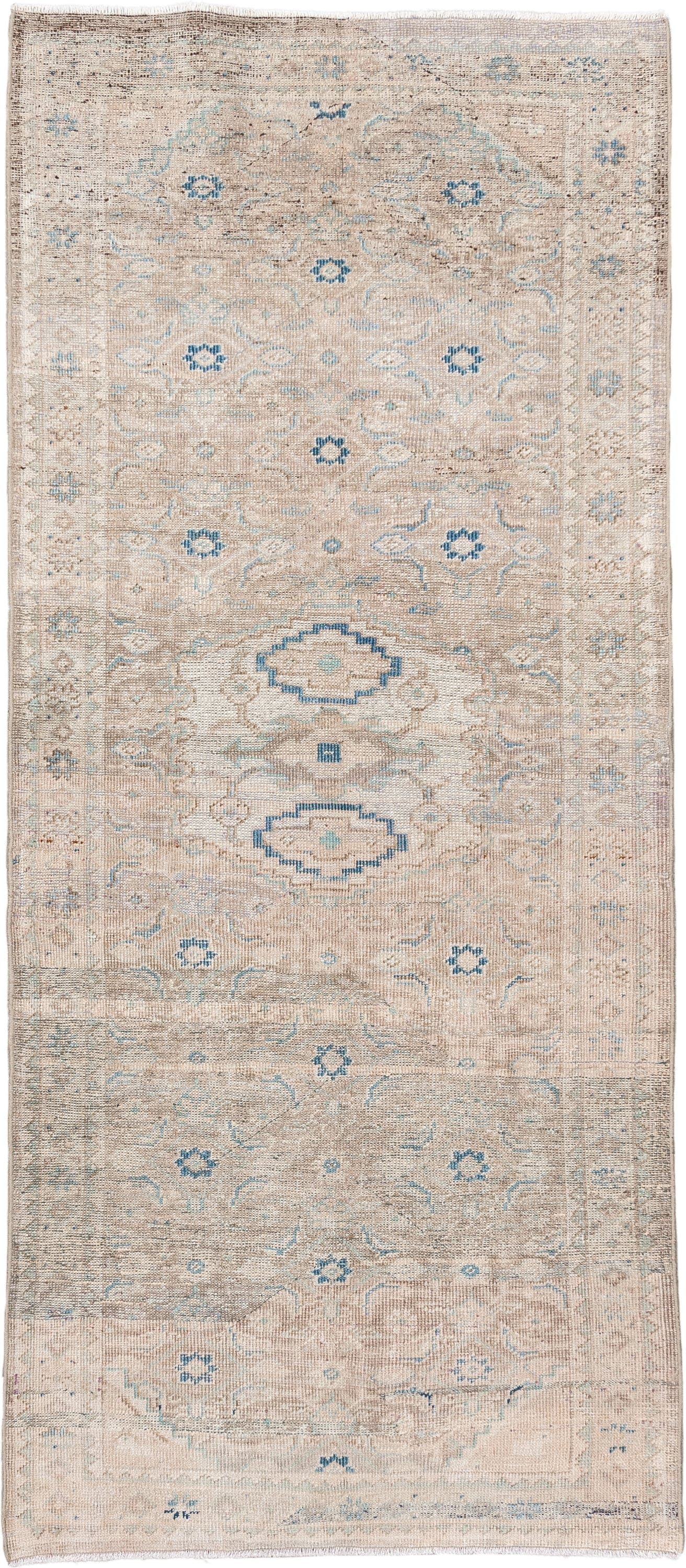 3' x 7' one-of-a-kind handmade antique Mahal runner rug. Color palette: ivory, beige, pale blue, taupe, sand, light gray