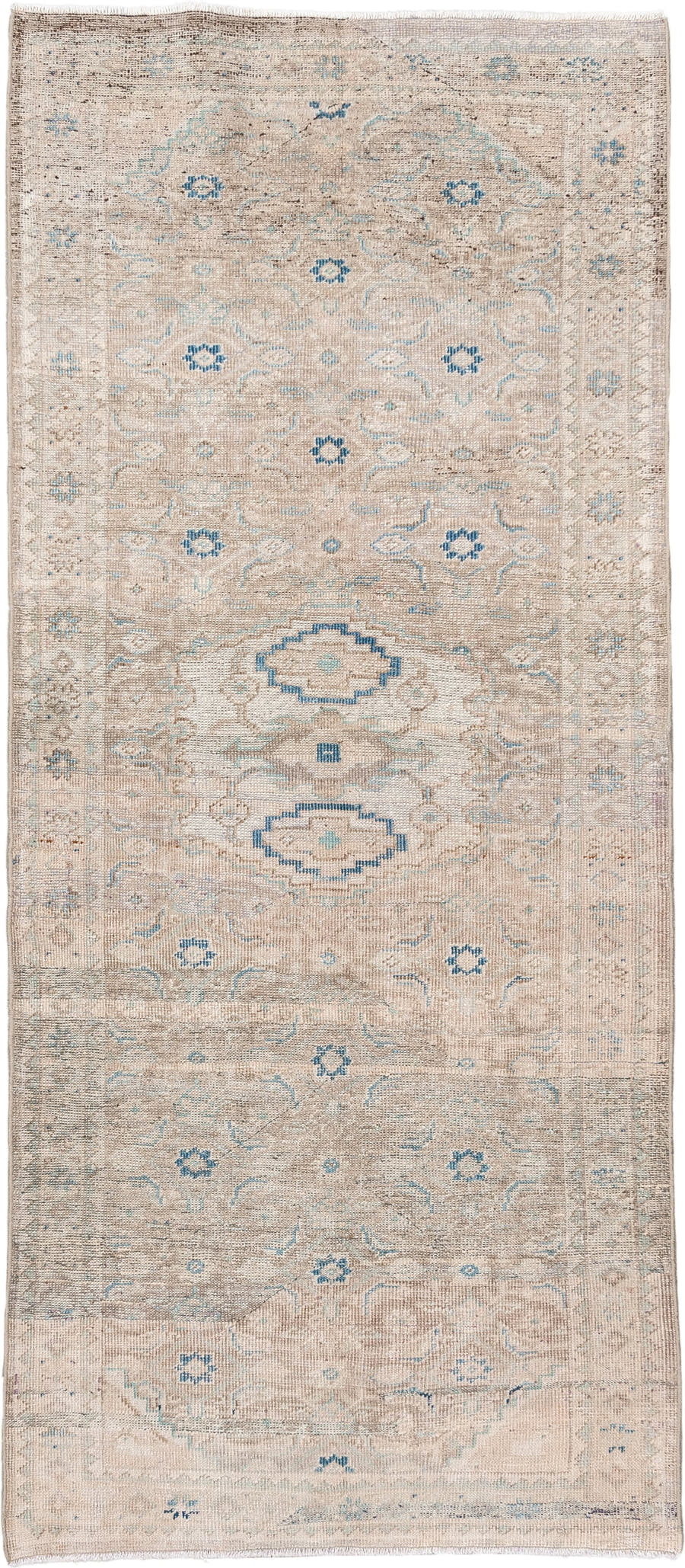 3' x 7' one-of-a-kind handmade antique Mahal runner rug. Color palette: ivory, beige, pale blue, taupe, sand, light gray