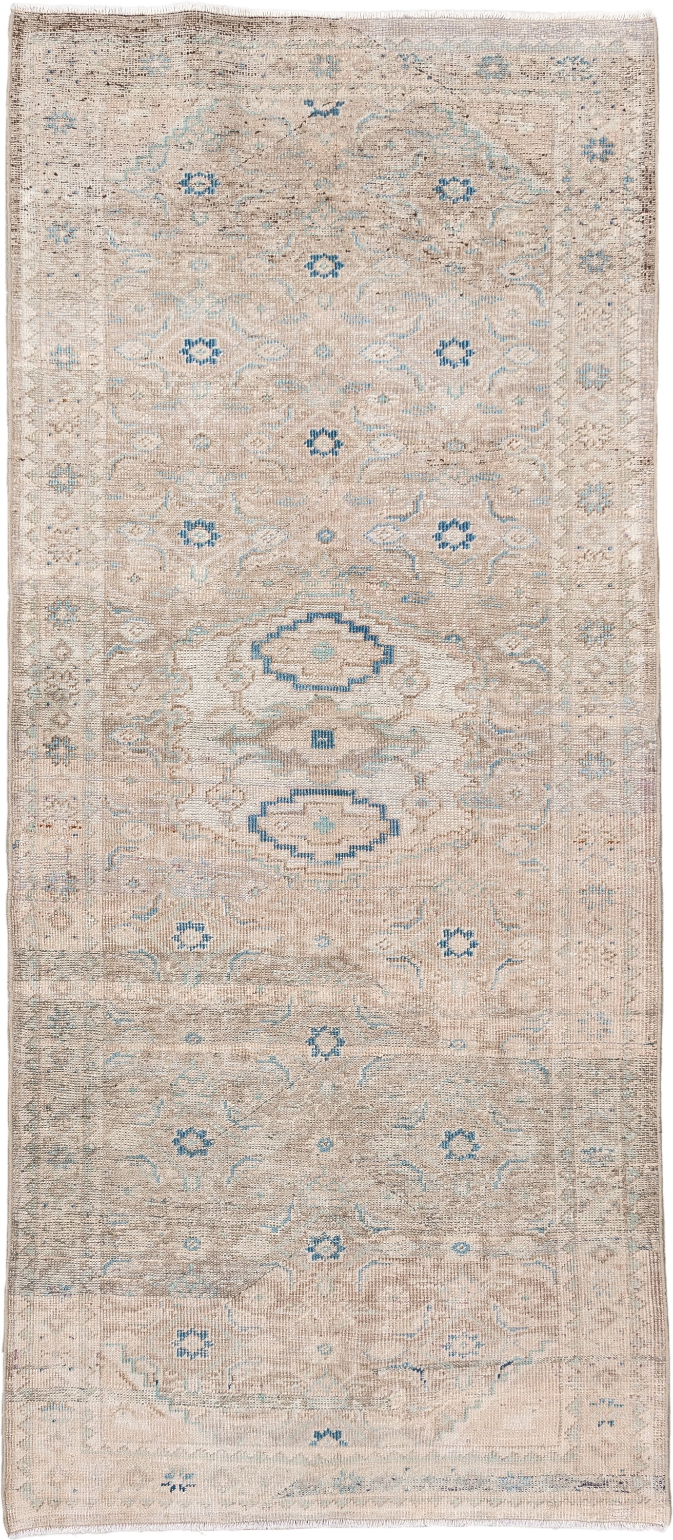 3' x 7' one-of-a-kind handmade antique Mahal runner rug. Color palette: ivory, beige, pale blue, taupe, sand, light gray