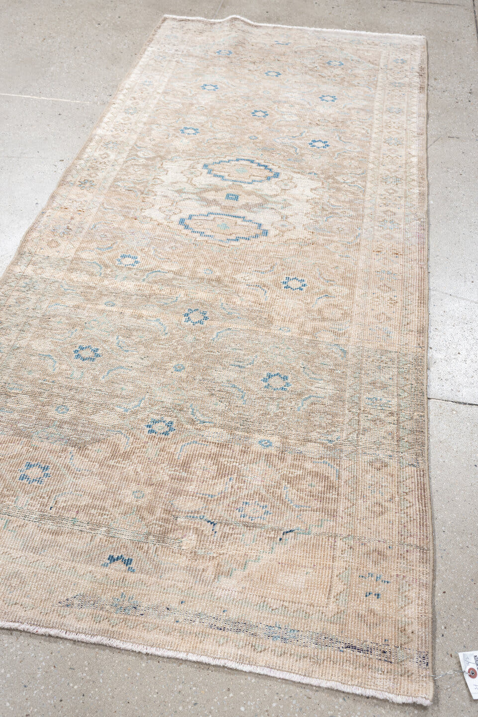 3' x 7' one-of-a-kind handmade antique Mahal runner rug. Color palette: ivory, beige, pale blue, taupe, sand, light gray
