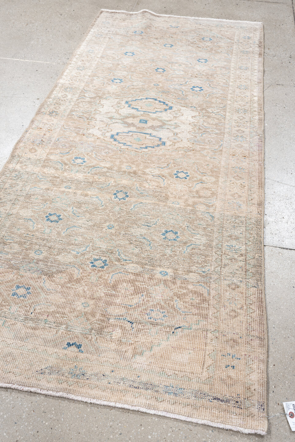 3' x 7' one-of-a-kind handmade antique Mahal runner rug. Color palette: ivory, beige, pale blue, taupe, sand, light gray