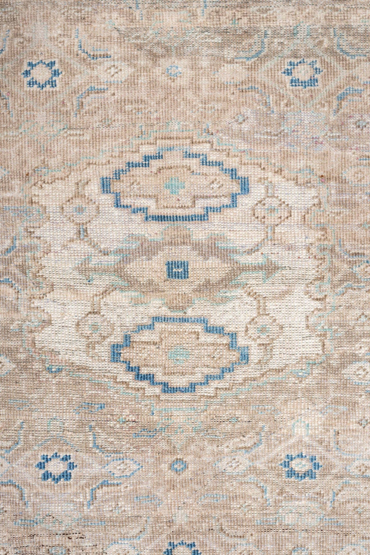3' x 7' one-of-a-kind handmade antique Mahal runner rug. Color palette: ivory, beige, pale blue, taupe, sand, light gray