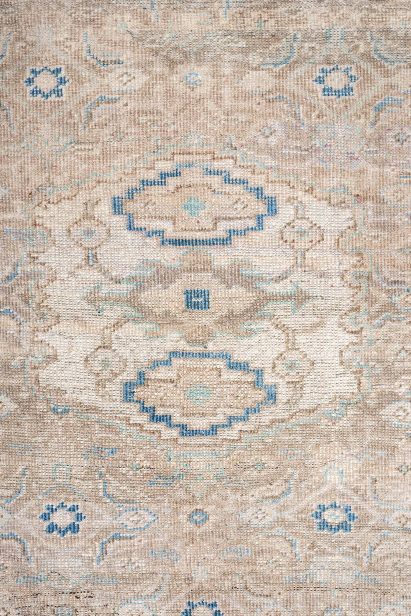 3' x 7' one-of-a-kind handmade antique Mahal runner rug. Color palette: ivory, beige, pale blue, taupe, sand, light gray