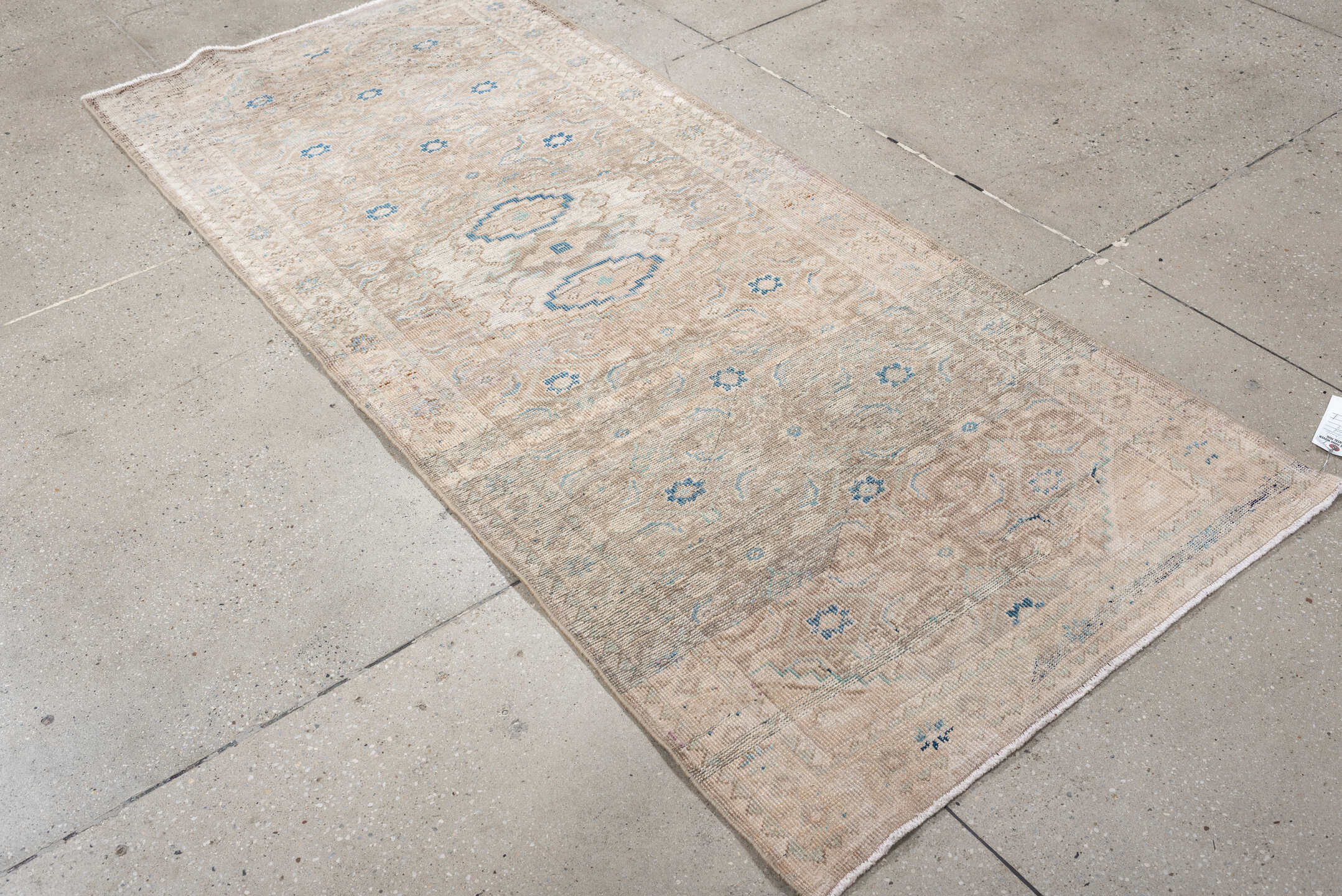 3' x 7' one-of-a-kind handmade antique Mahal runner rug. Color palette: ivory, beige, pale blue, taupe, sand, light gray