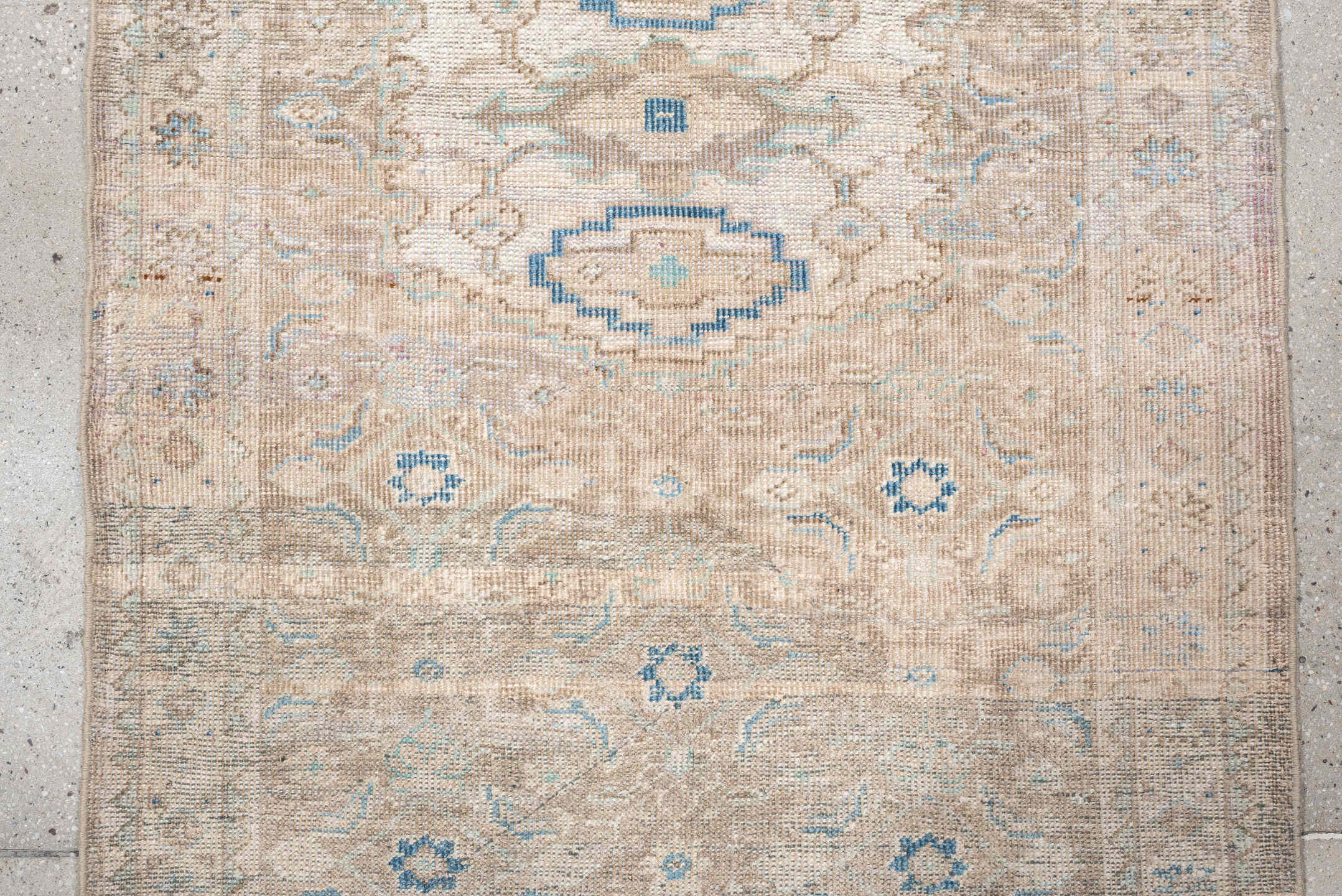 3' x 7' one-of-a-kind handmade antique Mahal runner rug. Color palette: ivory, beige, pale blue, taupe, sand, light gray