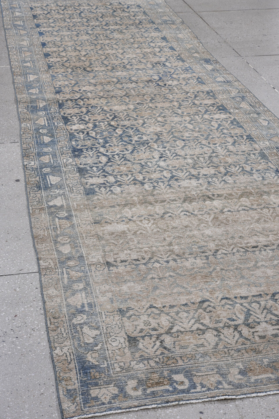 9' x 12' one-of-a-kind handmade vintage  large size rug. Color palette: blue, dark gray, dim gray, gray, light gray