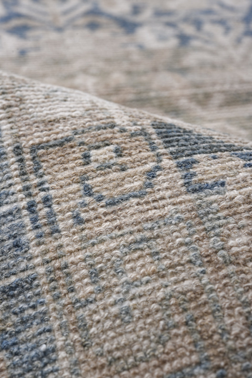 9' x 12' one-of-a-kind handmade vintage  large size rug. Color palette: blue, dark gray, dim gray, gray, light gray