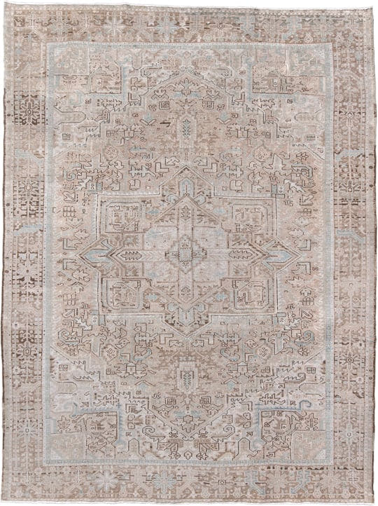 8' x 10' one-of-a-kind handmade antique Karaje large size rug. Color palette: taupe, ivory, beige, light blue, camel, brown
