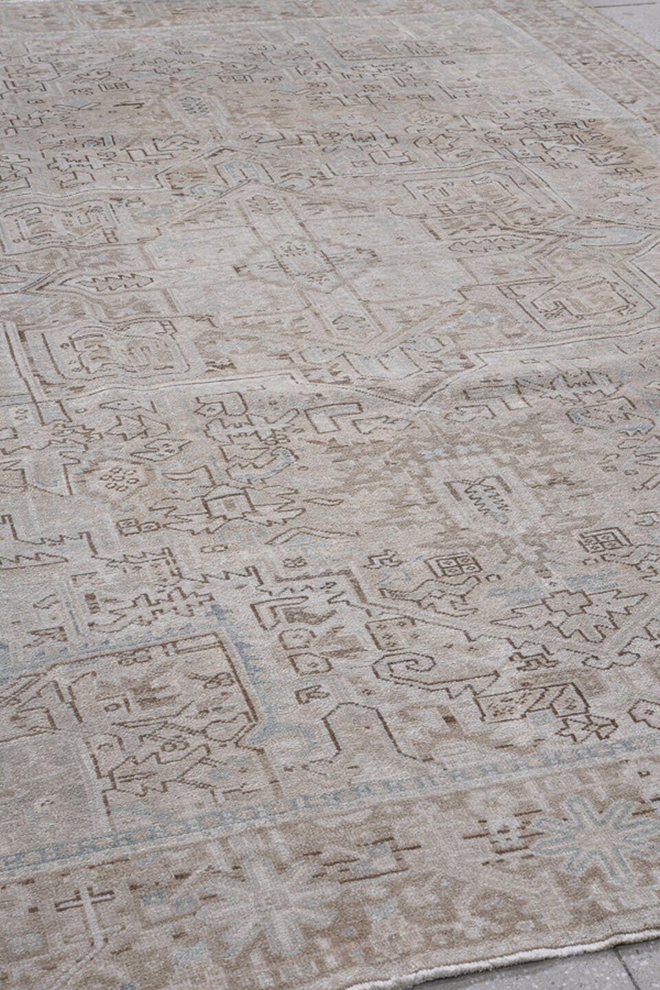 8' x 10' one-of-a-kind handmade antique Karaje large size rug. Color palette: taupe, ivory, beige, light blue, camel, brown