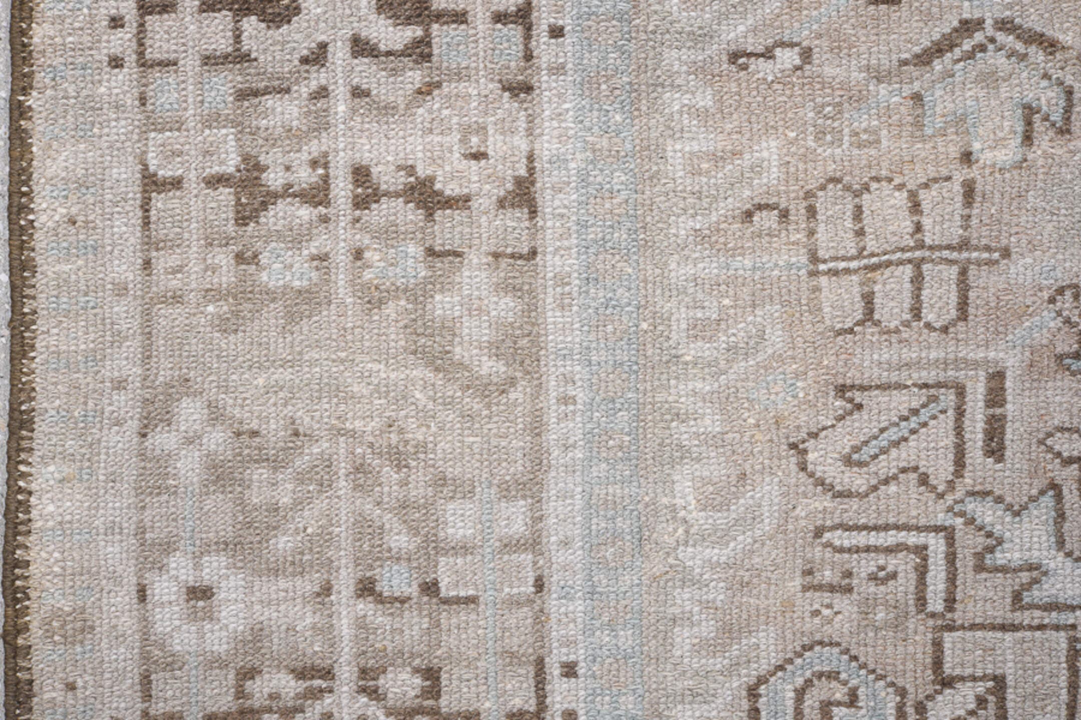 8' x 10' one-of-a-kind handmade antique Karaje large size rug. Color palette: taupe, ivory, beige, light blue, camel, brown