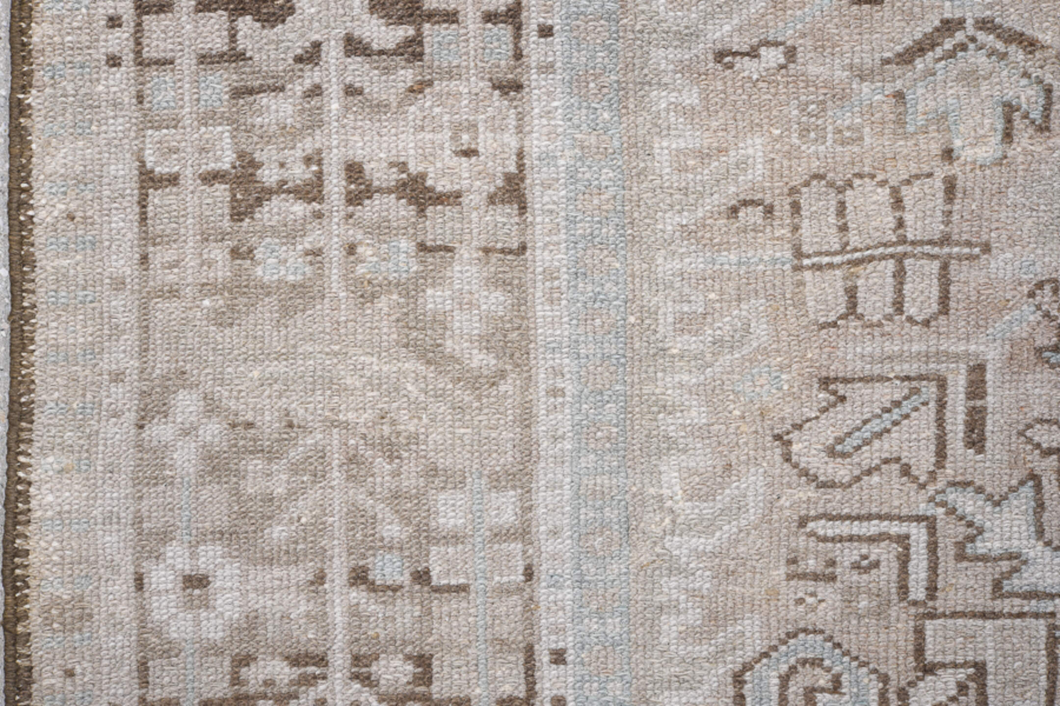 8' x 10' one-of-a-kind handmade antique Karaje large size rug. Color palette: taupe, ivory, beige, light blue, camel, brown