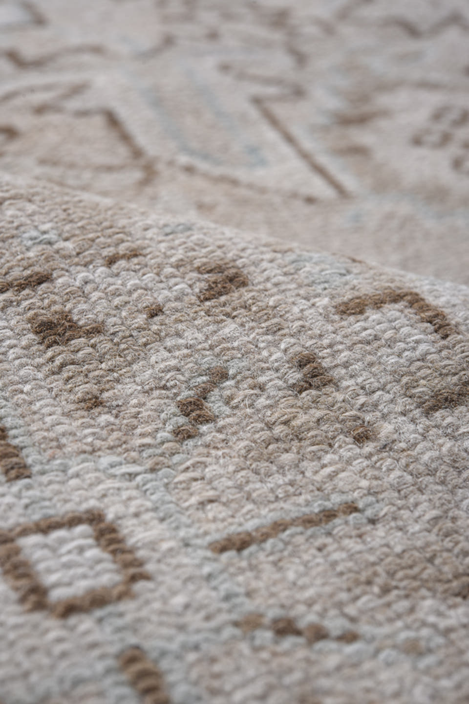 8' x 10' one-of-a-kind handmade antique Karaje large size rug. Color palette: taupe, ivory, beige, light blue, camel, brown
