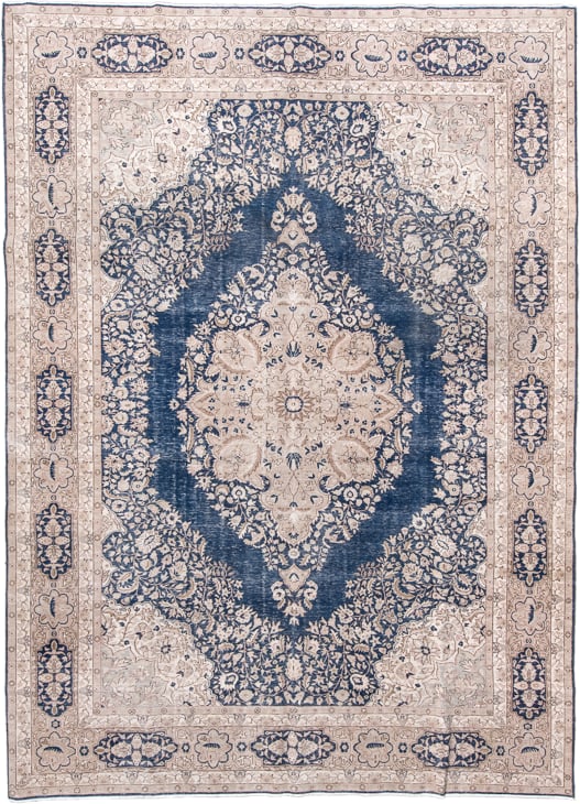 8' x 12' one-of-a-kind handmade antique Sivas large size rug. Color palette: ivory, blue, beige, taupe, gray