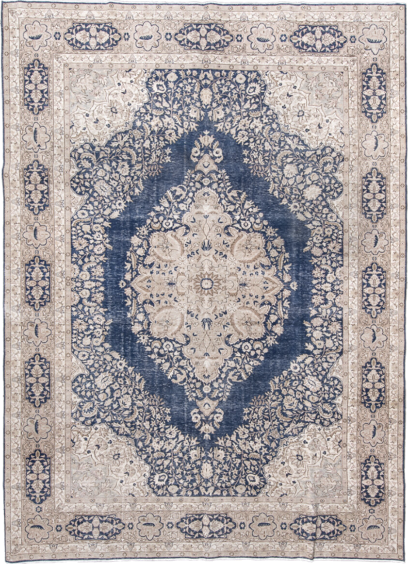 8' x 12' one-of-a-kind handmade antique Sivas large size rug. Color palette: ivory, blue, beige, taupe, gray