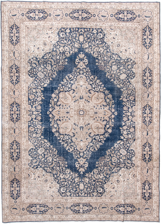 8' x 12' one-of-a-kind handmade antique Sivas large size rug. Color palette: ivory, blue, beige, taupe, gray