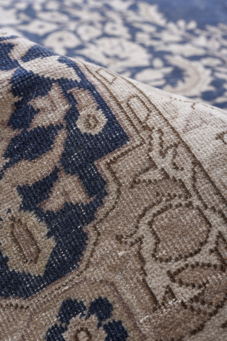 8' x 12' one-of-a-kind handmade antique Sivas large size rug. Color palette: ivory, blue, beige, taupe, gray