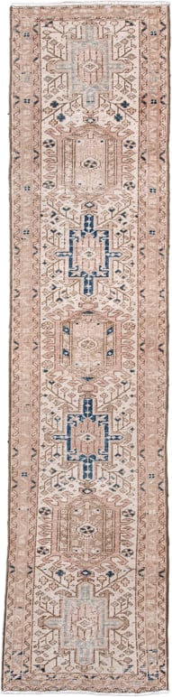 2' x 8' one-of-a-kind handmade antique Karaje runner rug. Color palette: beige, ivory, taupe, slate, navy, camel, gray, blue