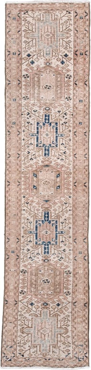 2' x 8' one-of-a-kind handmade antique Karaje runner rug. Color palette: beige, ivory, taupe, slate, navy, camel, gray, blue
