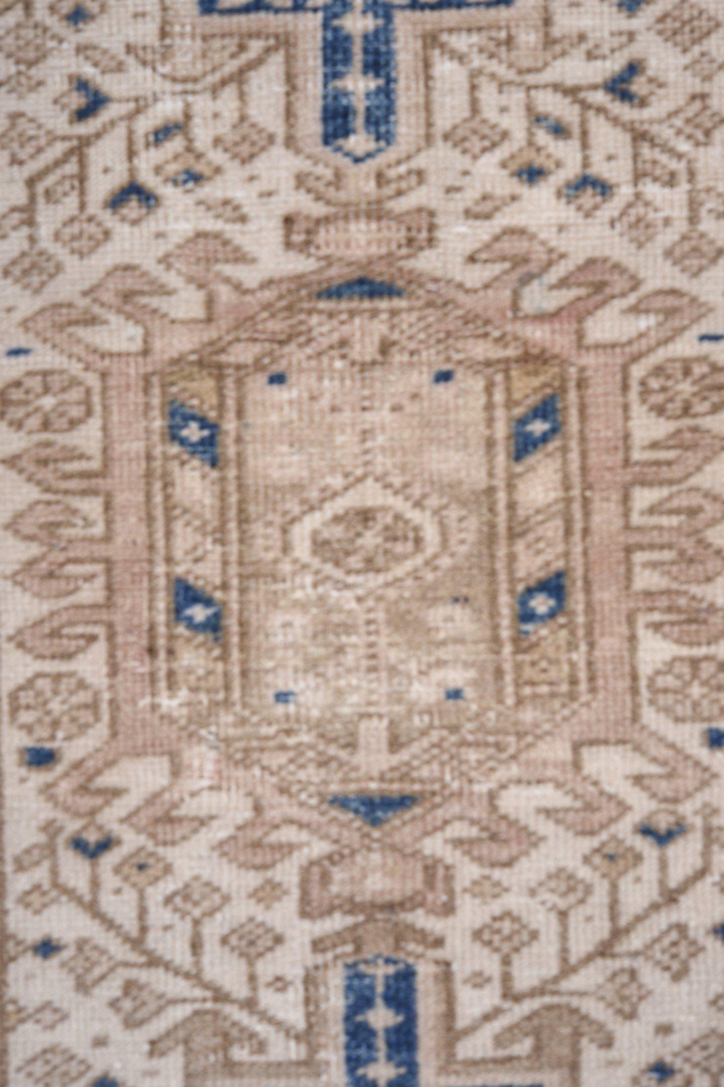 2' x 8' one-of-a-kind handmade antique Karaje runner rug. Color palette: beige, ivory, taupe, slate, navy, camel, gray, blue