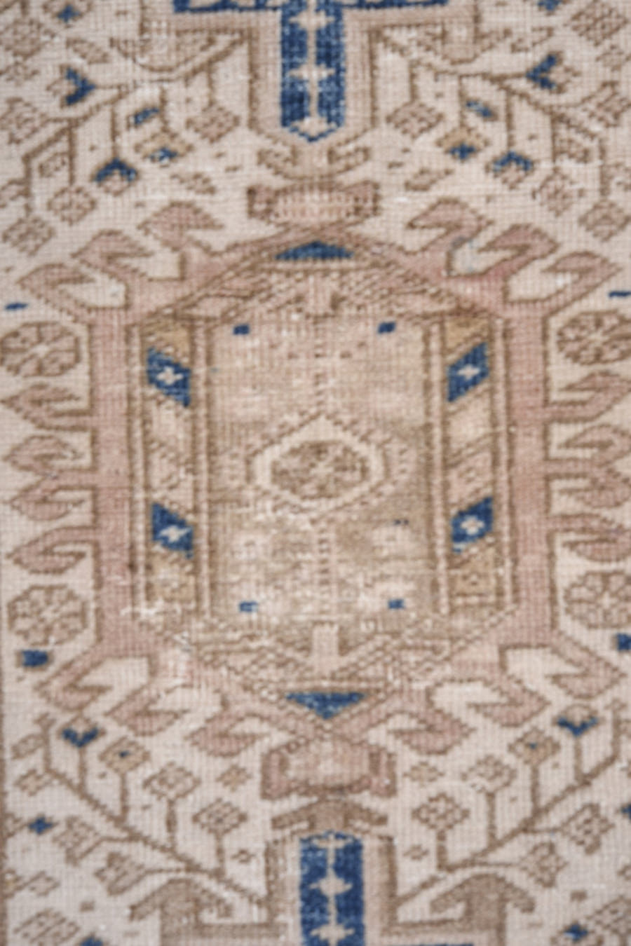 2' x 8' one-of-a-kind handmade antique Karaje runner rug. Color palette: beige, ivory, taupe, slate, navy, camel, gray, blue