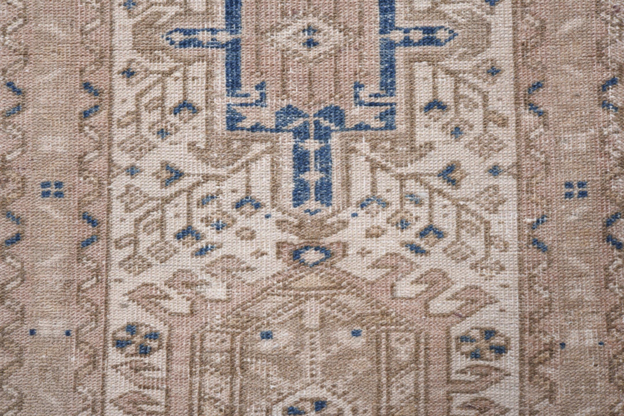 2' x 8' one-of-a-kind handmade antique Karaje runner rug. Color palette: beige, ivory, taupe, slate, navy, camel, gray, blue