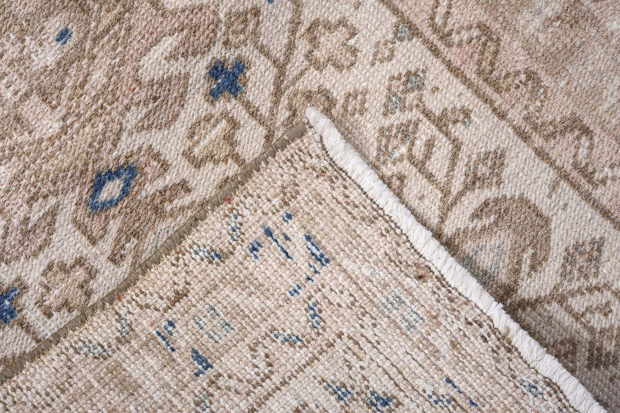 2' x 8' one-of-a-kind handmade antique Karaje runner rug. Color palette: beige, ivory, taupe, slate, navy, camel, gray, blue