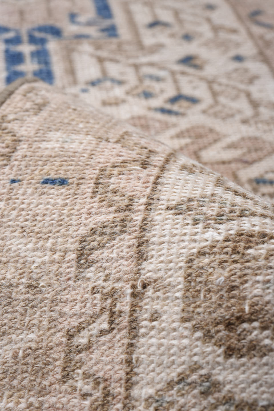2' x 8' one-of-a-kind handmade antique Karaje runner rug. Color palette: beige, ivory, taupe, slate, navy, camel, gray, blue