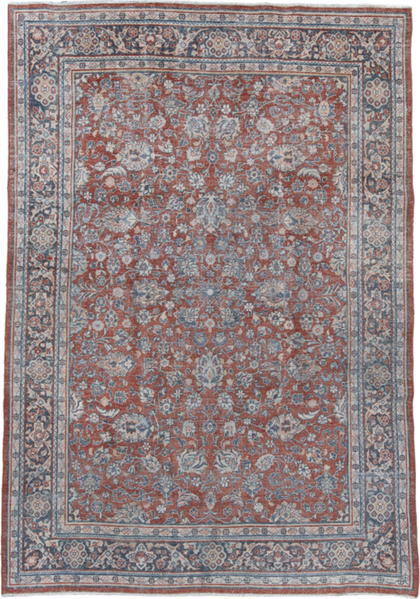 6' x 9' one-of-a-kind handmade antique Mahal medium size rug. Color palette: terra cotta, ivory, slate, dusty blue, navy