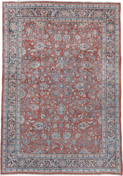 6' x 9' one-of-a-kind handmade antique Mahal medium size rug. Color palette: terra cotta, ivory, slate, dusty blue, navy