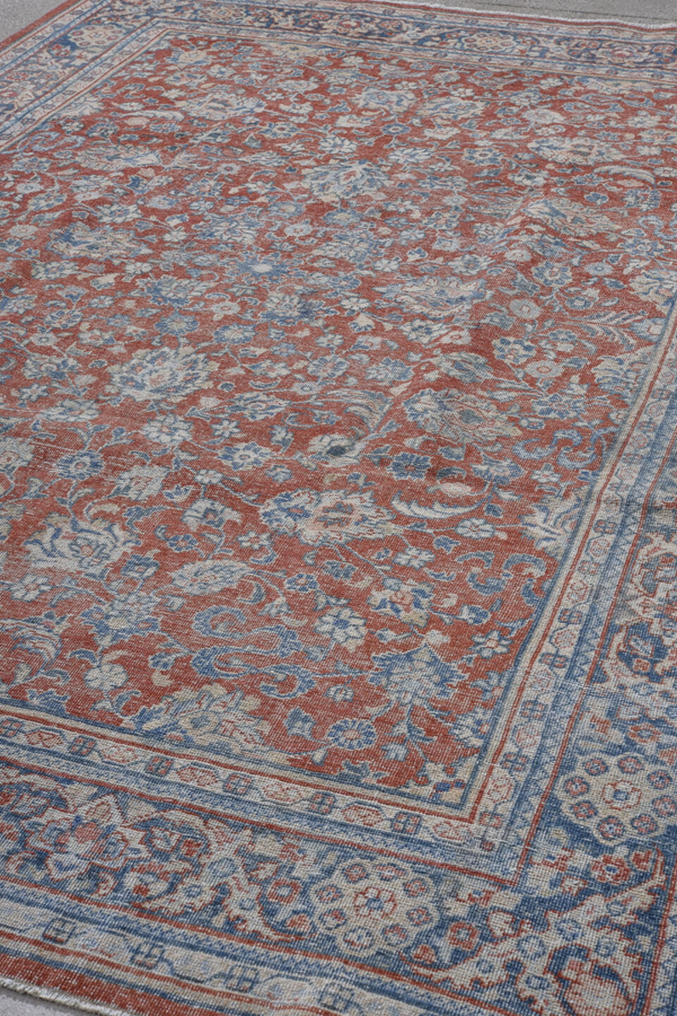 6' x 9' one-of-a-kind handmade antique Mahal medium size rug. Color palette: terra cotta, ivory, slate, dusty blue, navy