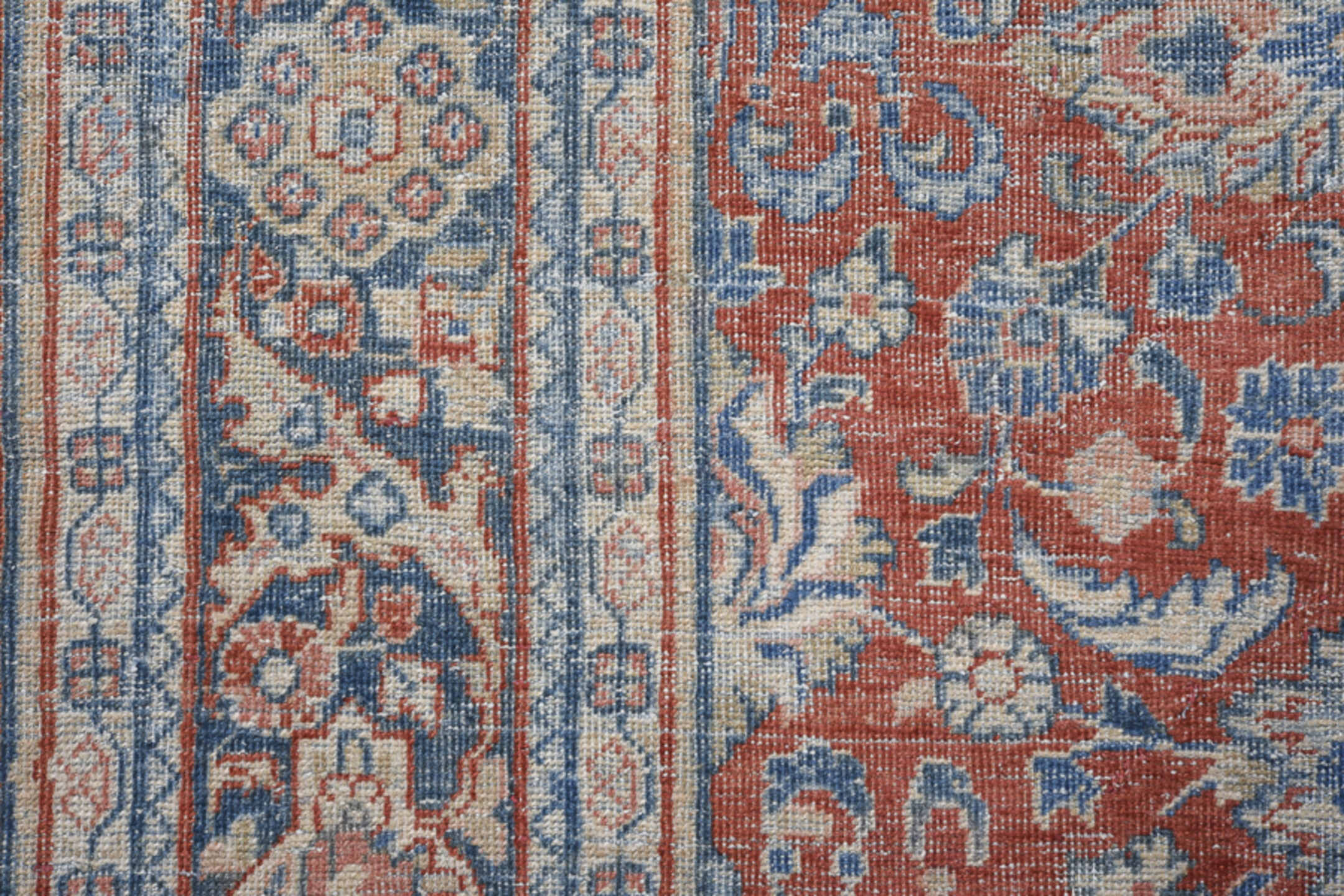 6' x 9' one-of-a-kind handmade antique Mahal medium size rug. Color palette: terra cotta, ivory, slate, dusty blue, navy
