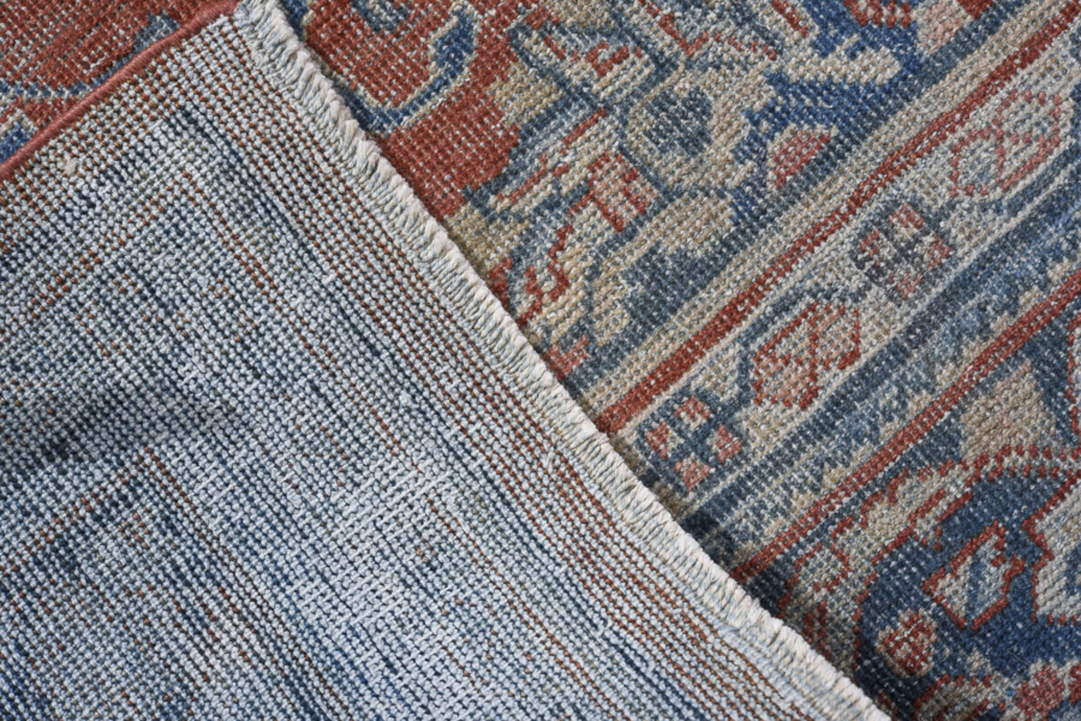 6' x 9' one-of-a-kind handmade antique Mahal medium size rug. Color palette: terra cotta, ivory, slate, dusty blue, navy