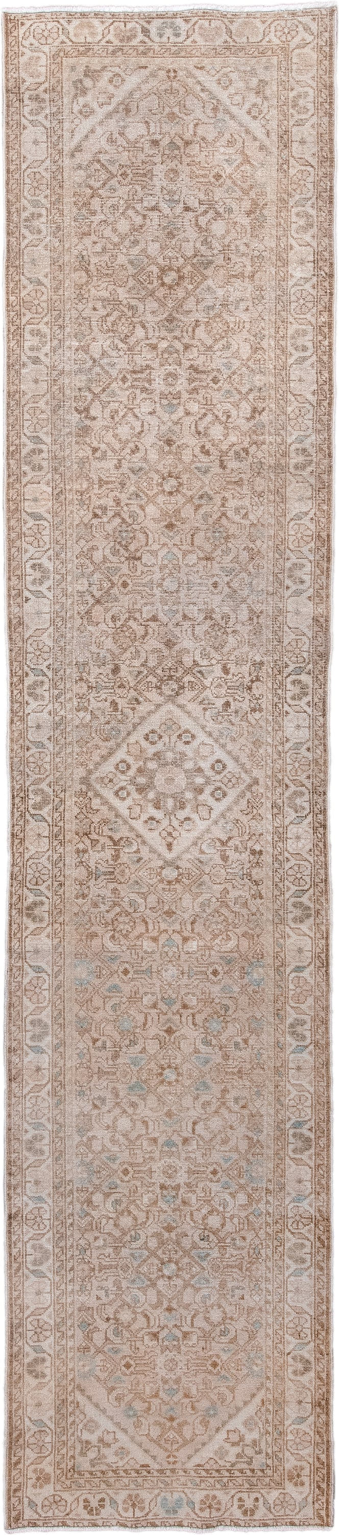2' x 12' one-of-a-kind handmade antique Malayer runner rug. Color palette: ivory, taupe, sand, camel, pale blue, beige, gray