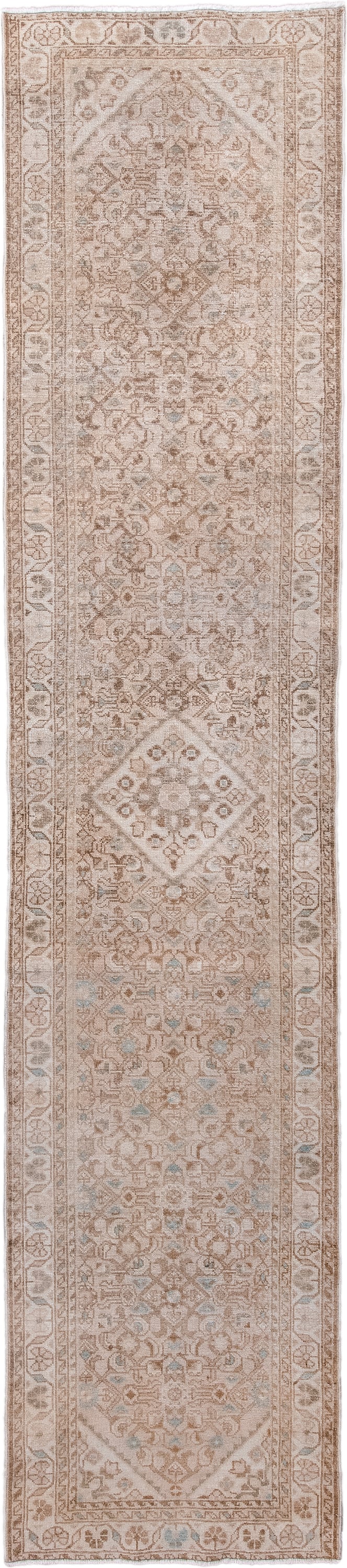 2' x 12' one-of-a-kind handmade antique Malayer runner rug. Color palette: ivory, taupe, sand, camel, pale blue, beige, gray