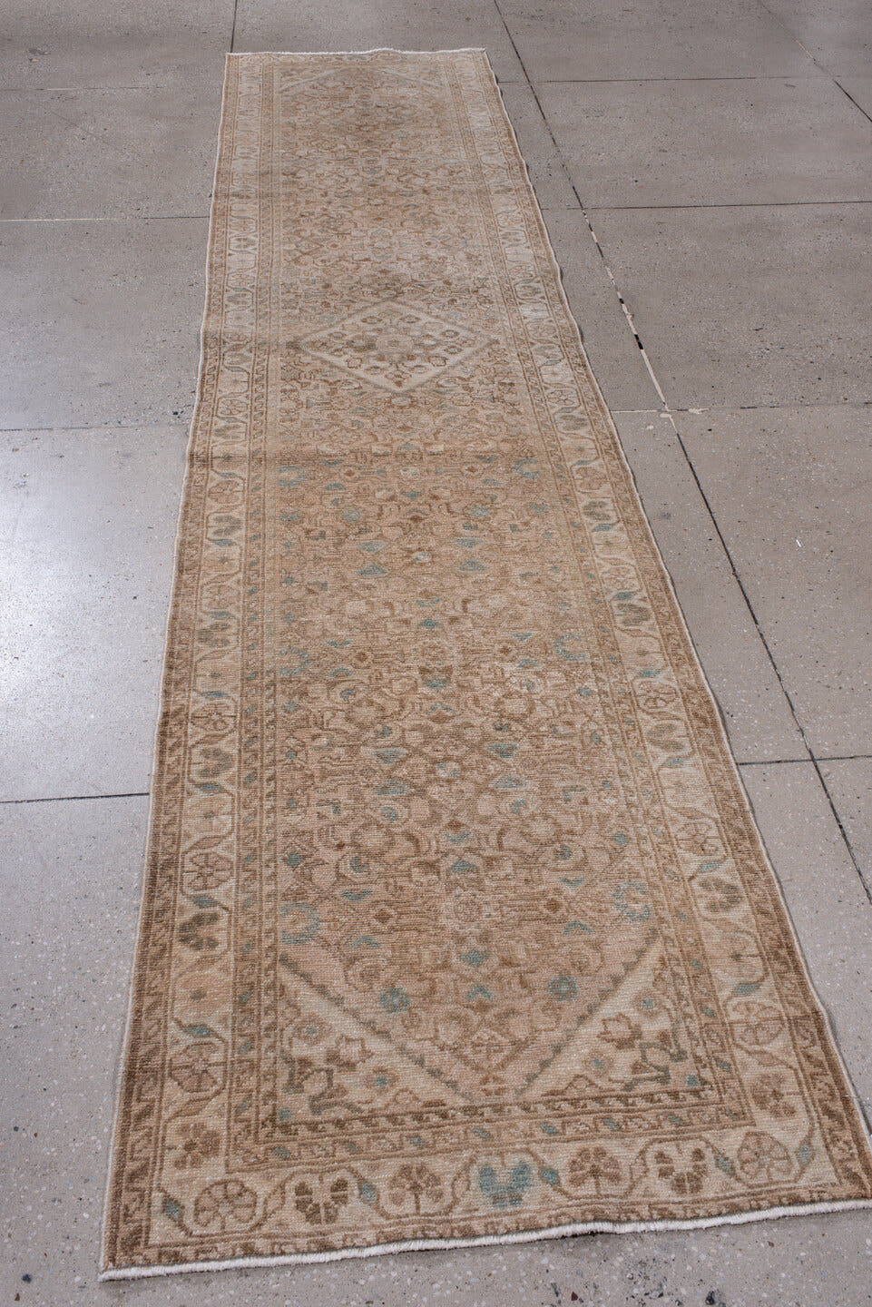 2' x 12' one-of-a-kind handmade antique Malayer runner rug. Color palette: ivory, taupe, sand, camel, pale blue, beige, gray