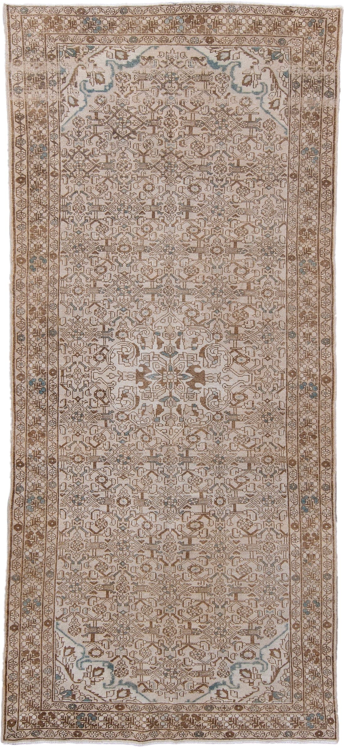 5' x 11' one-of-a-kind handmade antique Hamadan runner rug. Color palette: ivory, taupe, camel, brown, pale_blue, beige