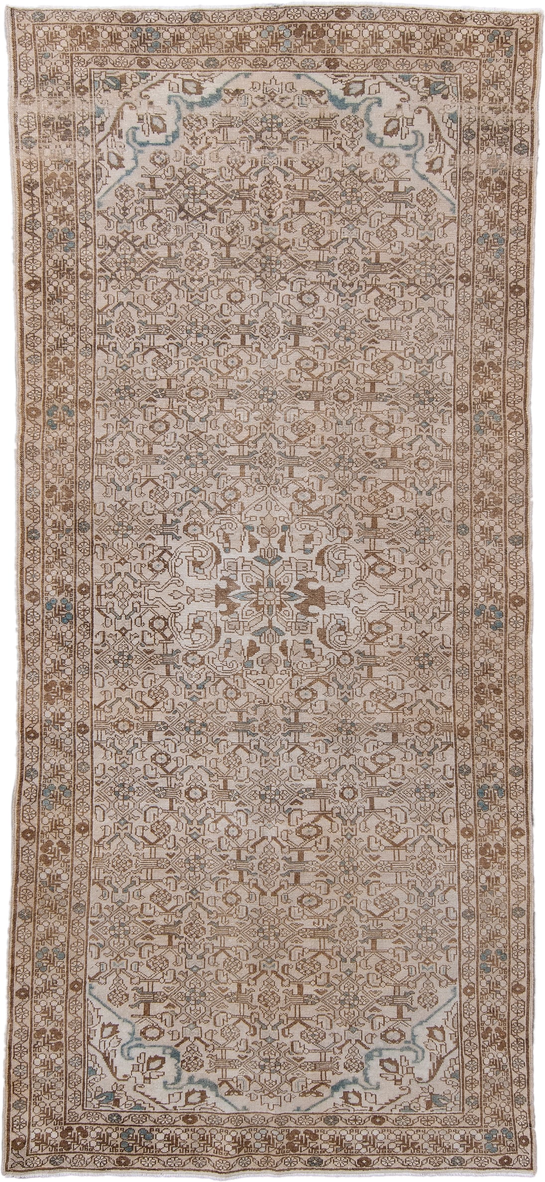 5' x 11' one-of-a-kind handmade antique Hamadan runner rug. Color palette: ivory, taupe, camel, brown, pale_blue, beige